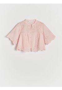 Reserved - Ażurowa koszula z bawełny - pastelowy róż. Kolor: różowy. Materiał: bawełna. Długość: krótkie. Wzór: ażurowy