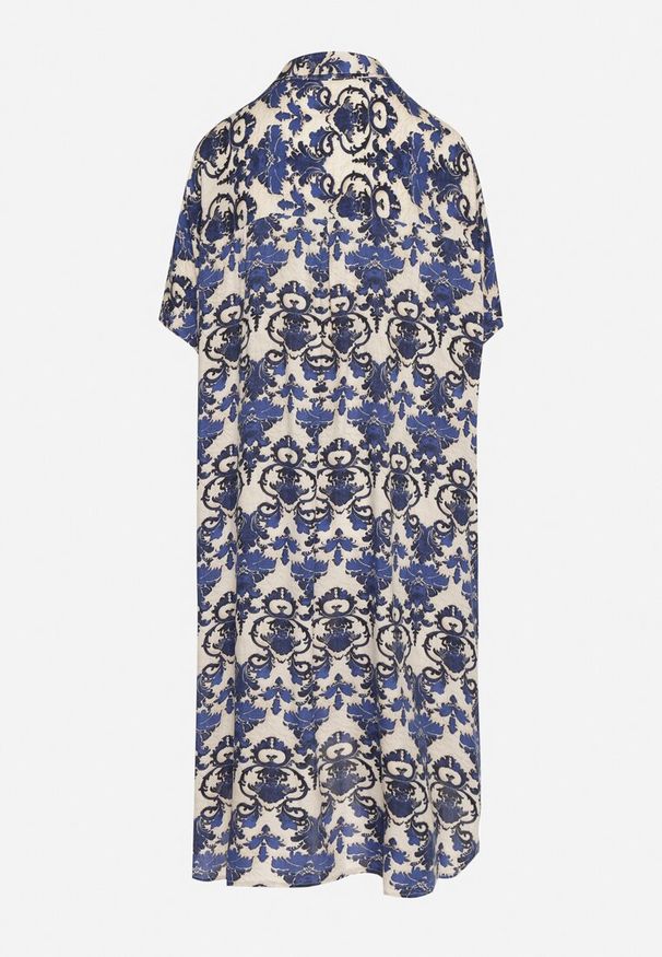 Born2be - Granatowa Pudełkowa Sukienka Koszulowa z Wiskozy w Ornamentalny Print Vanisse. Okazja: na co dzień. Kolor: niebieski. Materiał: wiskoza. Długość rękawa: krótki rękaw. Wzór: nadruk. Sezon: wiosna, lato. Typ sukienki: koszulowe. Styl: casual