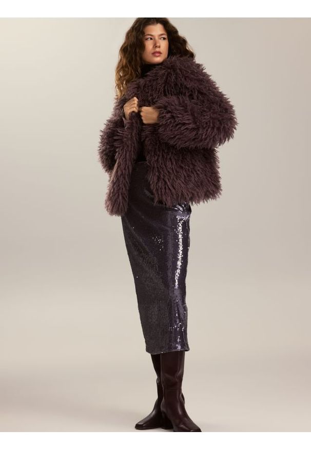 Reserved - Spódnica midi z cekinami - ciemnofioletowy. Kolor: fioletowy. Materiał: tkanina