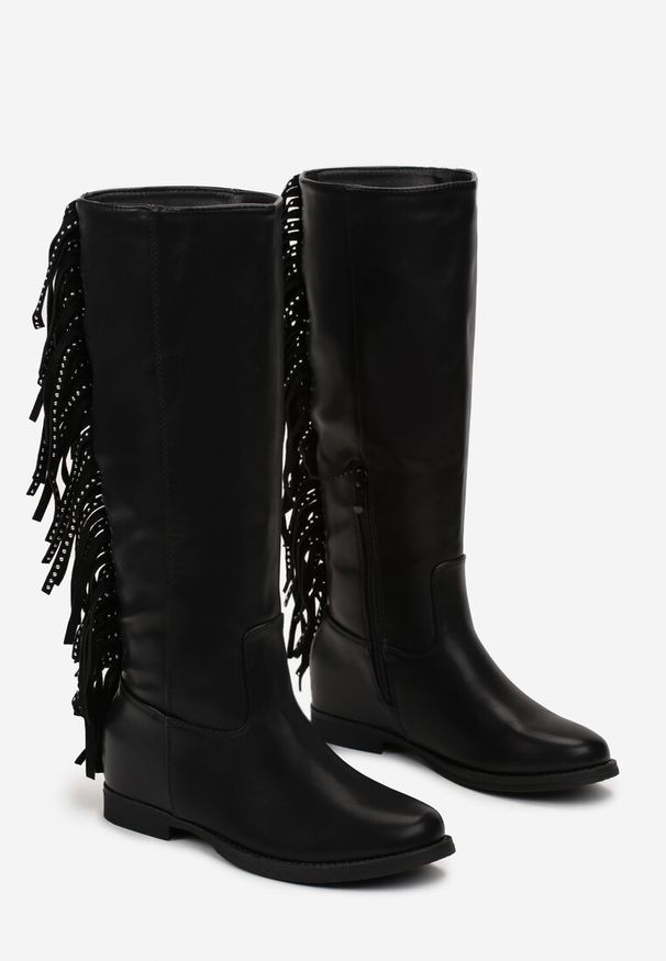 Renee - Czarne Płaskie Kozaki z Frędzlami w Stylu Kowbojek Volpe. Okazja: na co dzień. Kolor: czarny. Materiał: wełna, jeans. Wzór: aplikacja. Sezon: zima, jesień. Styl: casual, elegancki