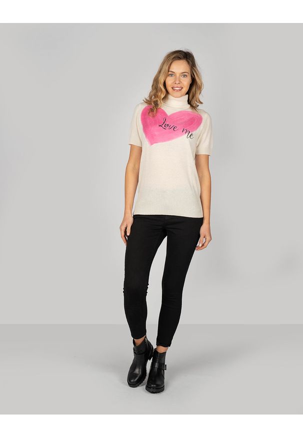 Trussardi Jeans T-Shirt | 56M00159 | Kobieta | Beżowy. Typ kołnierza: golf. Kolor: beżowy. Materiał: wełna, kaszmir. Wzór: nadruk