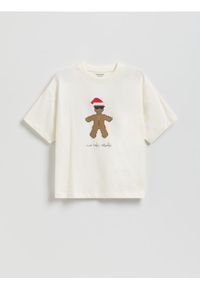 Reserved - Świąteczny t-shirt - złamana biel. Materiał: dzianina, bawełna. Styl: wizytowy
