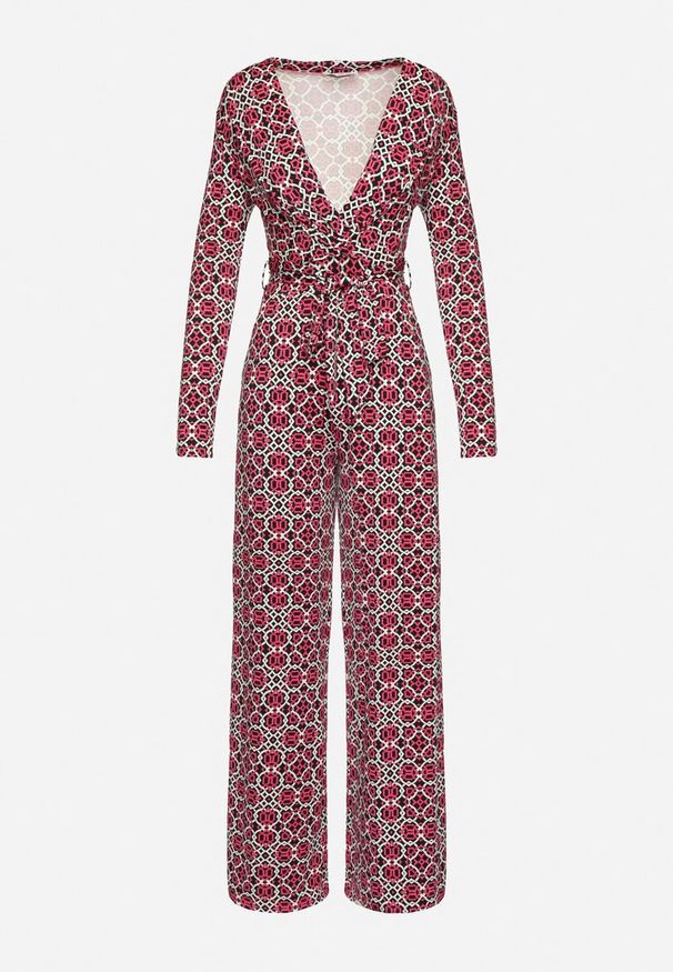 Born2be - Fuksjowy Wzorzysty Kombinezon z Długim Rękawem i Szerokimi Spodniami z Wiązaniem w Pasie Vilati. Kolor: różowy. Długość rękawa: długi rękaw. Długość: długie. Wzór: geometria. Styl: elegancki
