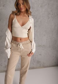 Renee - Beżowe Jeansy Mom Fit High Waist z Bawełny ze Ściągaczem w Pasie Phiales. Stan: podwyższony. Kolor: beżowy. Długość: długie. Wzór: gładki #5