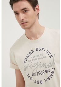 Tom Tailor T-shirt bawełniany kolor beżowy z nadrukiem. Okazja: na co dzień. Kolor: beżowy. Materiał: bawełna. Wzór: nadruk. Styl: casual