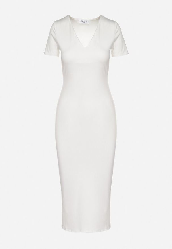 Born2be - Biała Sukienka Dopasowana Bodycon z Dekoltem w Serek Efricene. Okazja: na co dzień. Typ kołnierza: dekolt w serek. Kolor: biały. Materiał: jeans. Długość rękawa: krótki rękaw. Typ sukienki: bodycon. Styl: casual, klasyczny