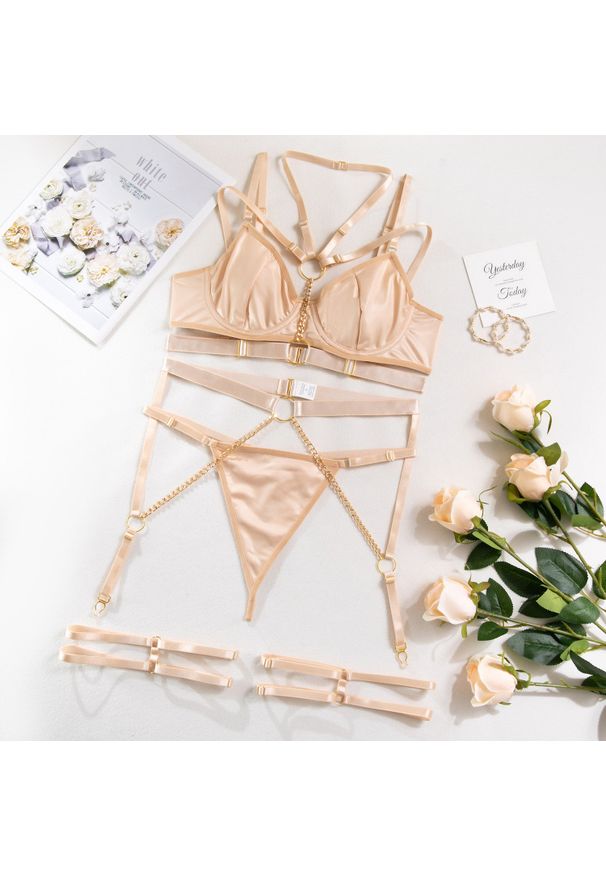 Intica - Komplet bielizny z łańcuszkami na romantyczne wieczory Serin. Kolor: beżowy. Materiał: materiał