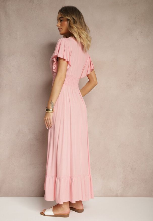 Renee - Różowa Rozkloszowana Sukienka z Wiskozy z Kopertowym Dekoltem Rellrive. Okazja: na co dzień. Kolor: różowy. Materiał: wiskoza. Długość rękawa: krótki rękaw. Typ sukienki: kopertowe. Styl: casual, klasyczny