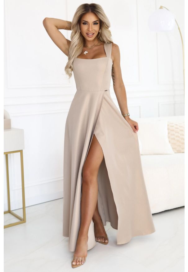 Numoco - Długa suknia wieczorowa rozkloszowana szampańska z błyskiem. Okazja: na studniówkę, na ślub cywilny, na wesele, na imprezę. Styl: wizytowy. Długość: maxi