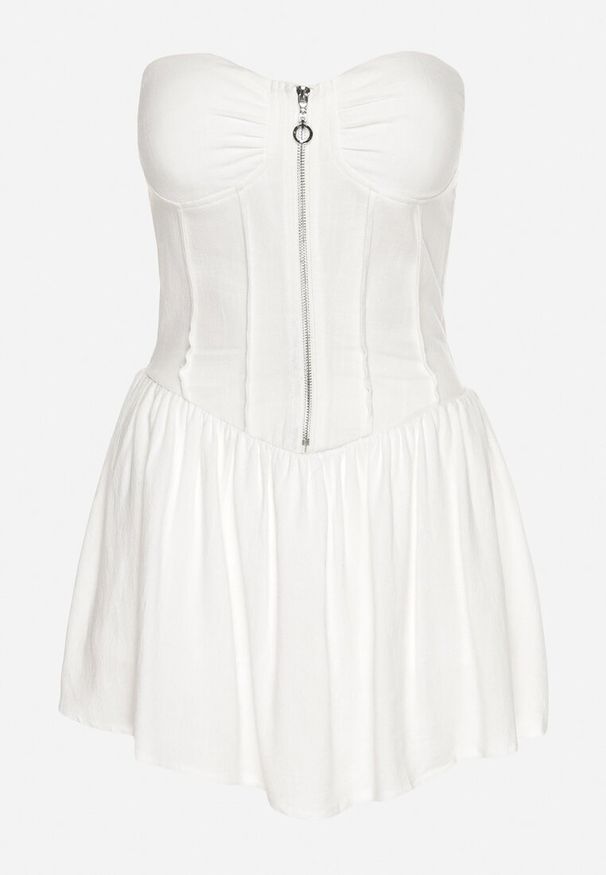 Born2be - Biała Sukienka z Lnem i Wiskozą o Rozkloszowanym Kroju z Gorsetem Vimandre. Okazja: na imprezę, na co dzień. Typ kołnierza: dekolt gorset. Kolor: biały. Materiał: wiskoza, len. Typ sukienki: gorsetowe. Styl: casual