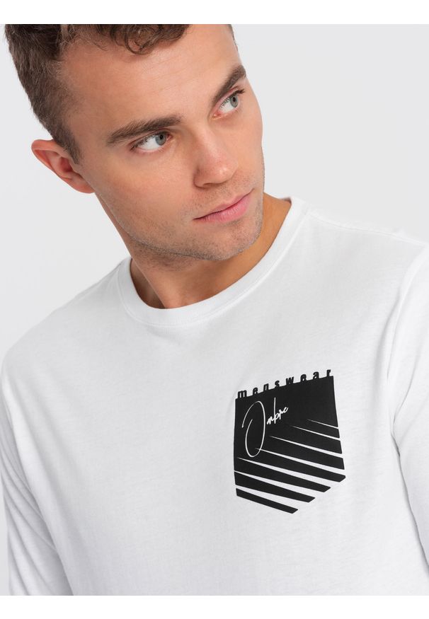 Ombre Clothing - Longsleeve męski z printem w kształcie kieszonki - biały V1 OM-LSPT-0118 - XXL. Kolor: biały. Materiał: bawełna. Długość rękawa: długi rękaw. Długość: długie. Wzór: nadruk