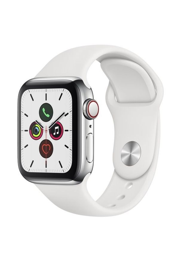 APPLE - Smartwatch Apple Watch 5 GPS+Cellular - srebrny stalowy 40 | biały pasek sportowy. Rodzaj zegarka: smartwatch. Kolor: biały, wielokolorowy, srebrny, szary. Styl: sportowy