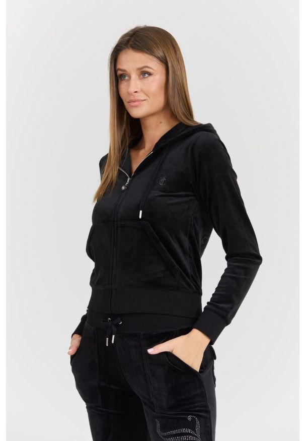 Juicy Couture - JUICY COUTURE Damska czarna bluza Robertson Jewelled Velour Hoodie, Rozmiar L. Okazja: na co dzień. Kolor: czarny. Materiał: welur. Styl: casual, elegancki