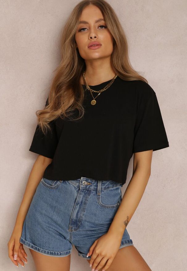 Renee - Czarny T-shirt Phelista. Okazja: na co dzień. Kolor: czarny. Materiał: jeans. Długość rękawa: krótki rękaw. Długość: krótkie. Styl: klasyczny, casual