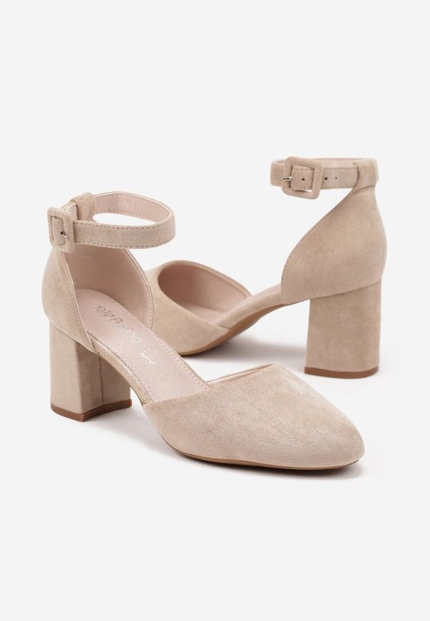 Born2be - Beżowe Czółenka na Obcasie ze Skórzaną Wkładką i Paskiem Wokół Kostki Lunathia. Okazja: na spotkanie biznesowe, na imprezę. Zapięcie: pasek. Kolor: beżowy. Materiał: skóra. Obcas: na obcasie. Styl: biznesowy, wizytowy. Wysokość obcasa: średni