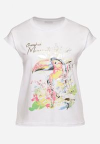Born2be - Biały T-shirt z Bawełny z Nadrukiem i Metalicznym Napisem Norsemi. Okazja: na co dzień. Kolor: biały. Materiał: bawełna. Wzór: napisy, nadruk. Styl: casual #5
