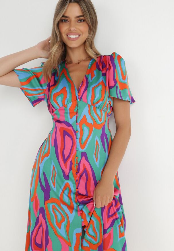 Born2be - Zielono-Różowa Sukienka Eudiche. Kolor: zielony. Wzór: nadruk, aplikacja. Sezon: lato. Długość: midi