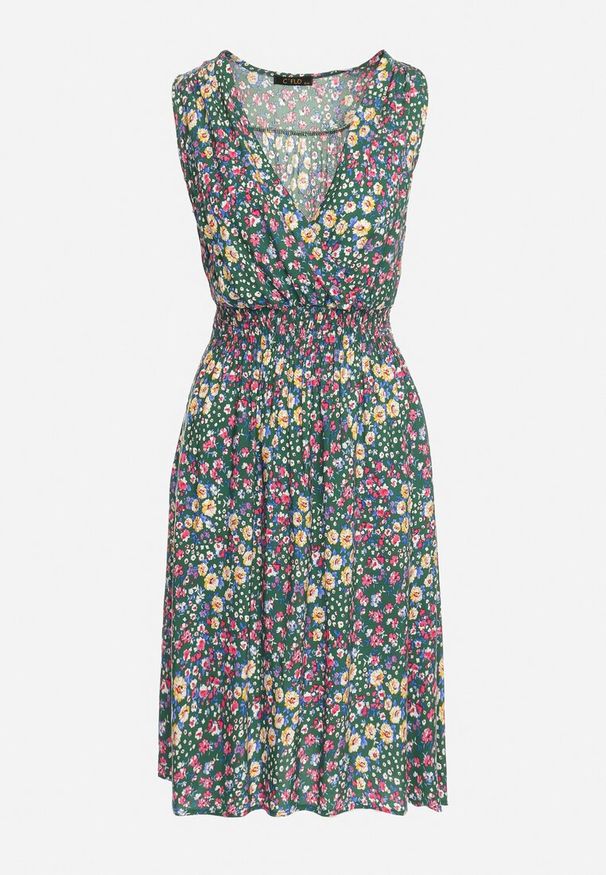 Born2be - Zielono-Żółta Wiskozowa Sukienka w Kwiaty z Kopertową Górą Nervila. Kolor: zielony. Materiał: wiskoza. Wzór: kwiaty. Typ sukienki: kopertowe