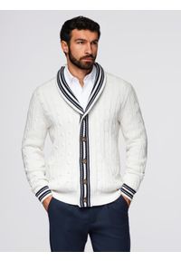 Ombre Clothing - Sweter męski kardigan z szalowym kołnierzem w stylu preppy - biały V1 - Rozmiar: M. Kolor: biały. Materiał: bawełna, materiał, prążkowany. Wzór: ze splotem. Styl: klasyczny, elegancki #1