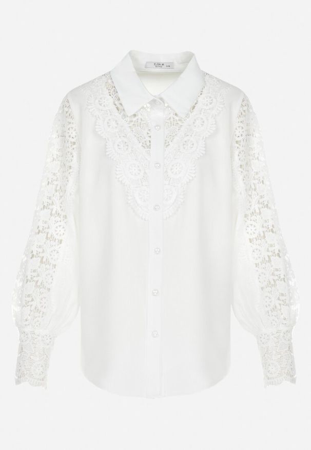 Born2be - Biała Koszula z Ażurowymi Wstawkami i Bufiastym Rękawem Simkin. Kolor: biały. Materiał: koronka. Wzór: ażurowy. Styl: retro