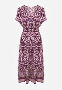 Renee - Ciemnofioletowa Sukienka z Bawełny z Trójkątnym Dekoltem i Gumką w Talii Zapinana na Guziki Lavlea. Okazja: na co dzień. Kolor: fioletowy. Materiał: bawełna. Długość rękawa: krótki rękaw. Sezon: lato. Typ sukienki: proste. Styl: casual, wizytowy #2