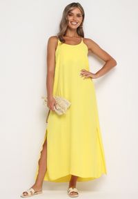 Born2be - Żółta Taliowana Sukienka na Ramiączkach Rivaniell. Okazja: na co dzień, na imprezę. Kolor: żółty. Materiał: jeans. Długość rękawa: na ramiączkach. Typ sukienki: oversize. Styl: casual, elegancki #4