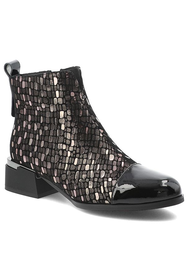 Czarne Botki S.Barski Eleganckie Obuwie Damskie. Zapięcie: zamek. Kolor: czarny. Materiał: lakier, materiał. Sezon: zima, jesień. Obcas: na obcasie. Styl: elegancki. Wysokość obcasa: średni