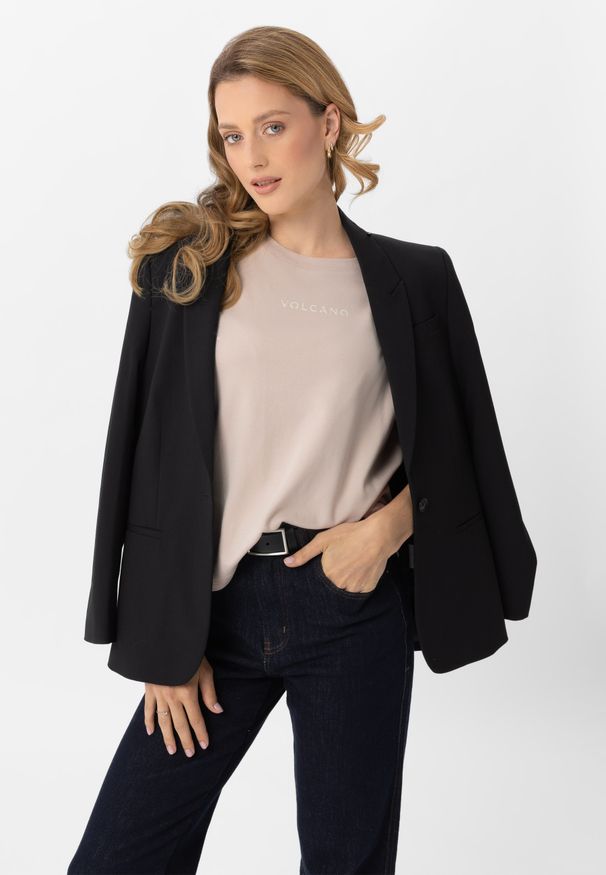 Volcano - Koszulka Comfort Fit T-AVI. Materiał: skóra, materiał, bawełna. Długość: krótkie. Wzór: napisy. Styl: klasyczny