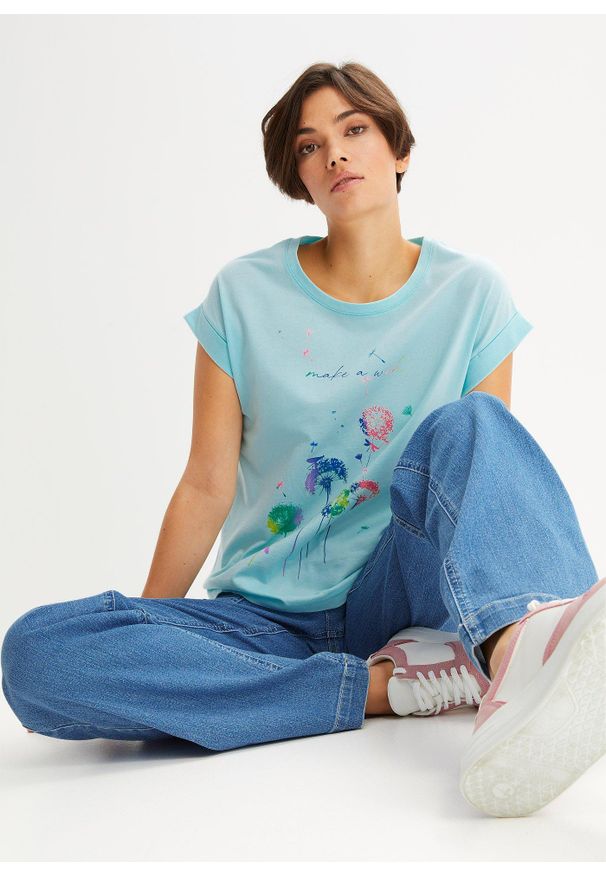 bonprix - Shirt w dmuchawce. Kolor: niebieski. Wzór: kolorowy, aplikacja, nadruk. Sezon: lato