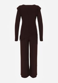 Born2be - Brązowy Elegancki Komplet Szerokie Spodnie i Bluzka z Usztywnianymi Ramionami Sewesta. Kolor: brązowy #6