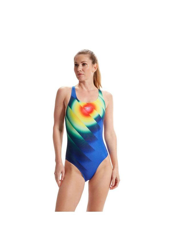Strój pływacki jednoczęściowy damski Speedo Placement Digital Powerback. Kolor: wielokolorowy, niebieski