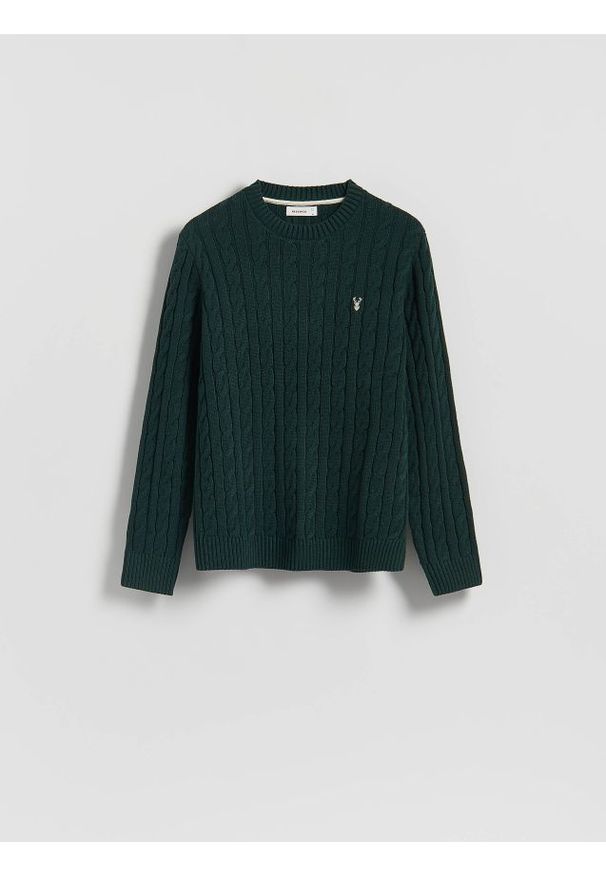 Reserved - Sweter z warkoczowym splotem - ciemnozielony. Kolor: zielony. Materiał: bawełna, dzianina. Wzór: ze splotem