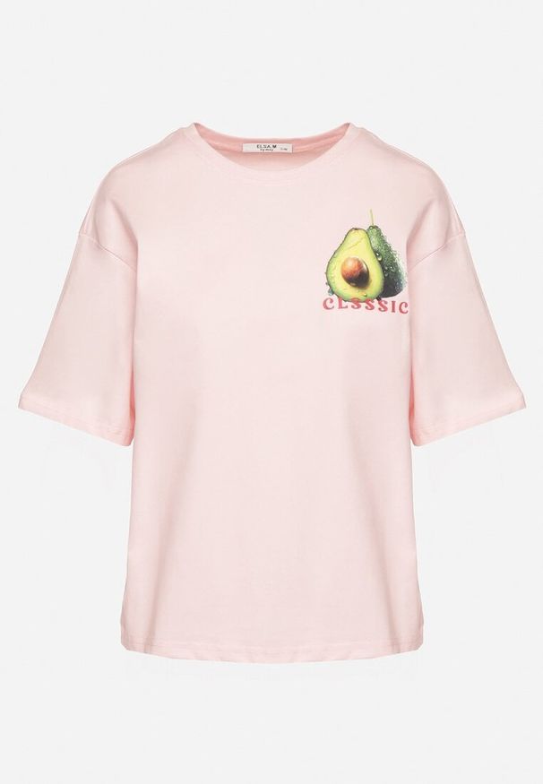 Born2be - Różowy T-shirt z Bawełną i Motywem Awokado Addixa. Okazja: na co dzień. Kolor: różowy. Materiał: bawełna. Styl: casual, klasyczny