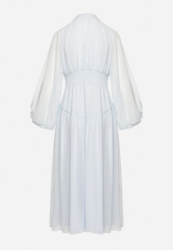 Born2be - Jasnoniebieska Długa Sukienka Koktajlowa w Stylu Retro z Plisami i Stójką Leowia. Typ kołnierza: kołnierzyk stójkowy. Kolor: niebieski. Styl: wizytowy, retro. Długość: maxi