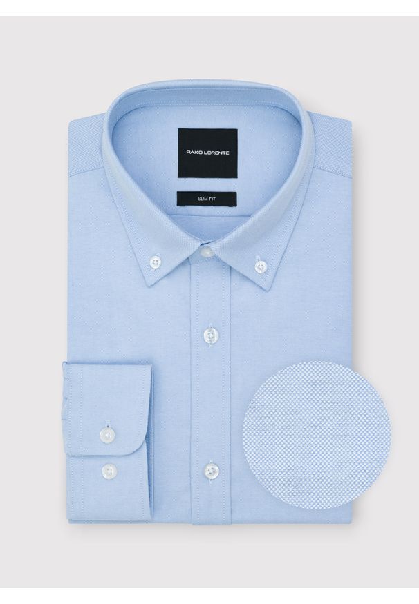 Pako Lorente - PAKO LORENTE – Niebieska koszula męska. Typ kołnierza: button down. Kolor: różowy, szary, biały, niebieski. Materiał: poliester, bawełna. Długość rękawa: długi rękaw. Długość: długie