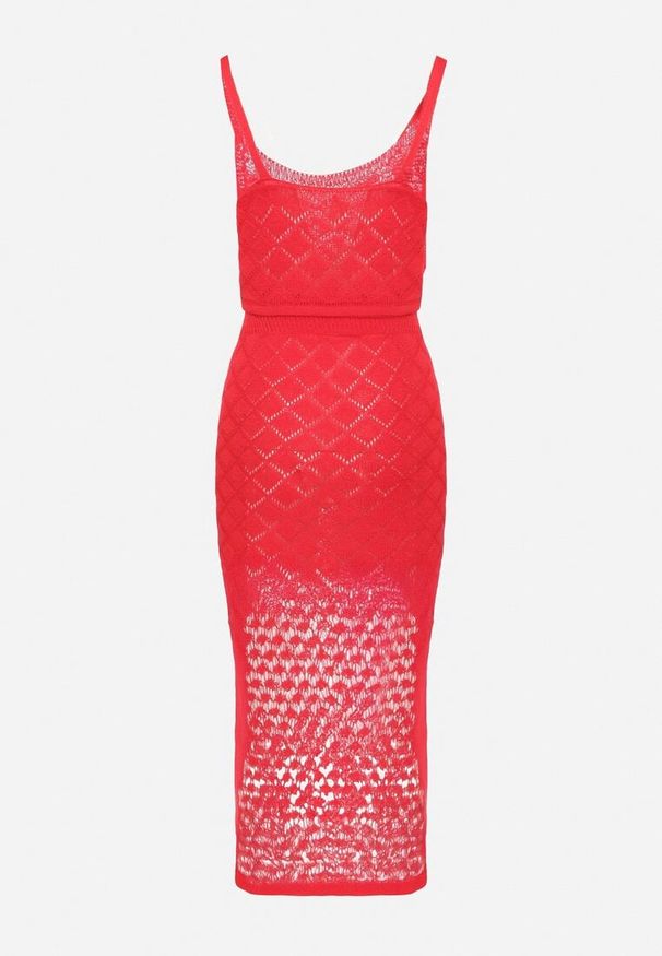 Born2be - Czerwony Siateczkowy Komplet z Dzianiny Top na Ramiączkach i Spódnica Tiareia. Kolor: czerwony. Materiał: dzianina