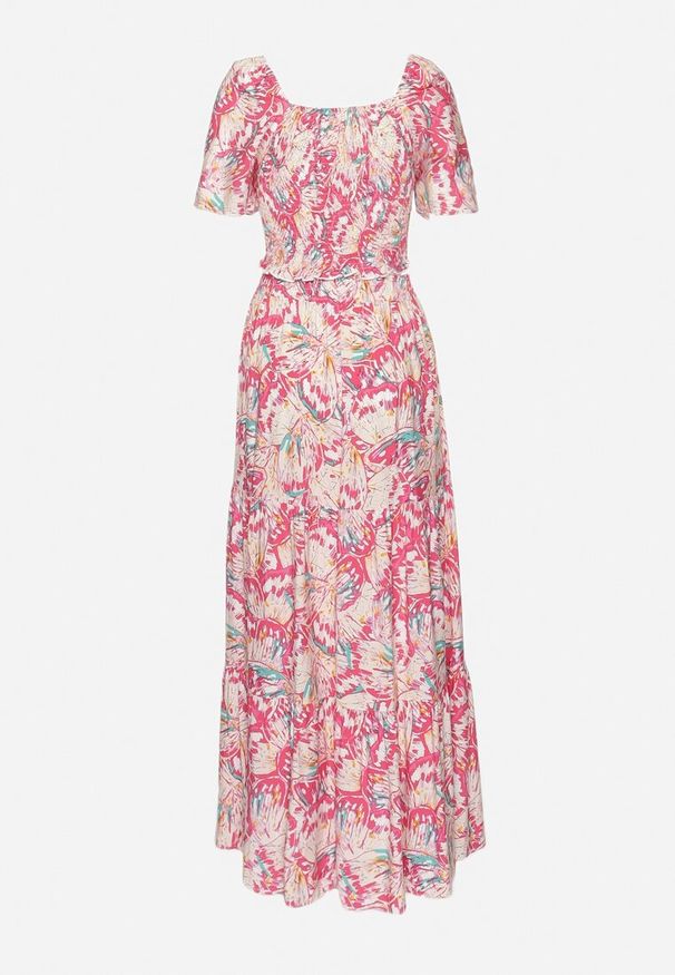 Born2be - Fuksjowy Komplet z Wiskozy Top Hiszpanka i Spódnica Maxi Sarlon. Kolor: różowy. Materiał: wiskoza. Wzór: kwiaty