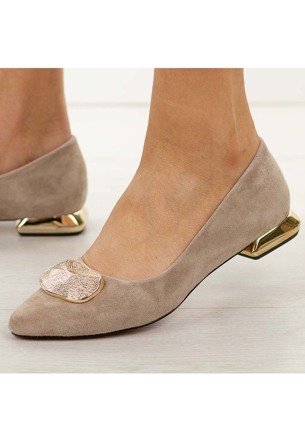 Beżowe skórzane baleriny damskie DiA 9027. Okazja: na co dzień. Kolor: beżowy. Szerokość cholewki: normalna. Wzór: aplikacja. Materiał: zamsz, skóra. Sezon: wiosna, jesień, lato. Obcas: na obcasie. Styl: casual, elegancki, klasyczny. Wysokość obcasa: średni