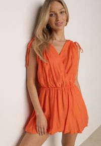 Born2be - Pomarańczowa Sukienka Typu Bombka Ozdobiona Wiązaniami przy Ramionach Cassara. Okazja: na co dzień, na spacer. Kolor: pomarańczowy. Materiał: mesh. Wzór: aplikacja. Typ sukienki: bombki. Styl: casual, elegancki #1