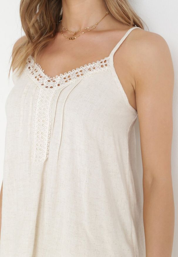 Born2be - Beżowy Top z Lnem na Cienkich Ramiączkach z Koronką Palaya. Kolor: beżowy. Materiał: len, koronka. Długość rękawa: na ramiączkach. Wzór: koronka