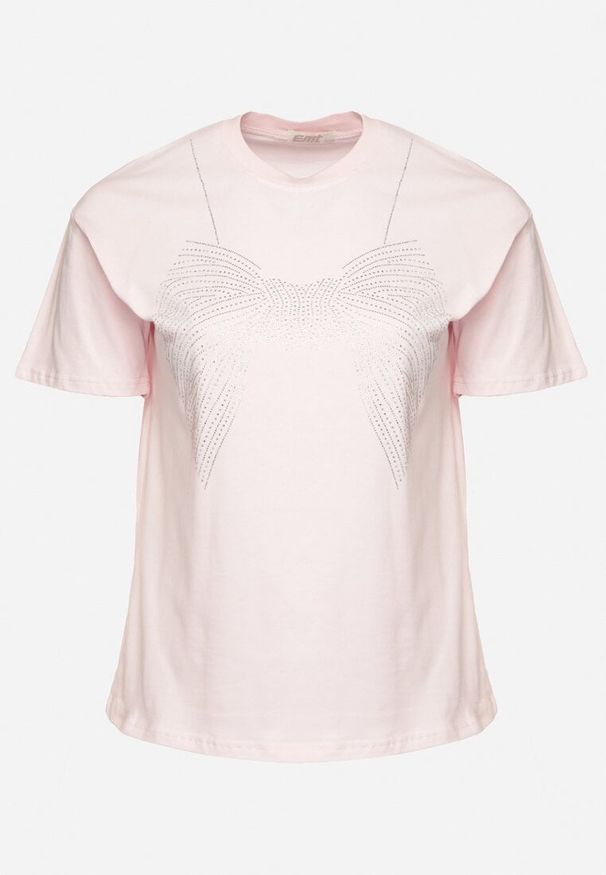 Born2be - Jasnoróżowy T-shirt ze Wzorem z Cyrkonii Olisellea. Okazja: na co dzień. Kolor: różowy. Materiał: bawełna. Styl: casual