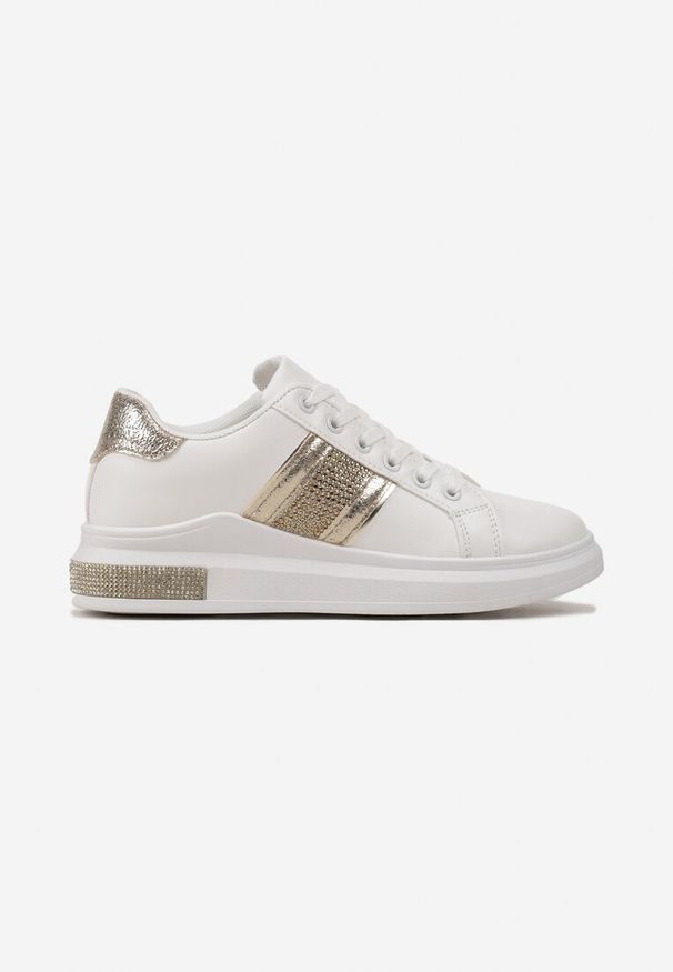 Renee - Biało-Złote Sneakersy z Metalicznymi Wstawkami i Cyrkoniami na Grubej Podeszwie Wirela. Kolor: biały