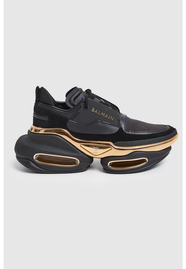 Balmain - BALMAIN Sneakersy skórzane damskie czarno-złote B-Bold. Kolor: czarny. Materiał: skóra