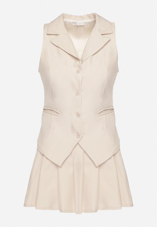 Born2be - Beżowy Komplet Garniturowy Kamizelka i Plisowana Spódnica Ivelkio. Kolor: beżowy