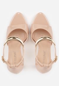 Renee - Beżowe Sandały na Szpilce Ozdobione Metaliczną Aplikacją na Pasku Lillisa. Nosek buta: otwarty. Zapięcie: pasek. Kolor: beżowy. Materiał: szyfon. Wzór: aplikacja. Obcas: na szpilce #7