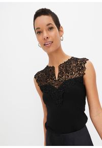 bonprix - Shirt z koronką. Kolor: czarny. Materiał: koronka. Długość rękawa: bez rękawów. Wzór: koronka