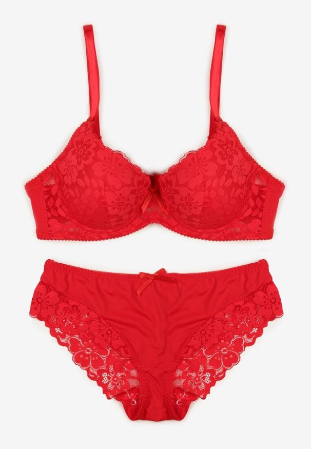 Born2be - Czerwony Komplet Biustonosz i Majtki Typu Figi Ozdobiony Koronką Ezivane. Kolor: czerwony. Materiał: koronka. Wzór: aplikacja, koronka