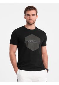 Ombre Clothing - Męski t-shirt bawełniany z nadrukiem geometrycznym i logotypem - czarny V2 - Rozmiar: L. Kolor: czarny. Materiał: bawełna. Wzór: nadruk, geometria #1
