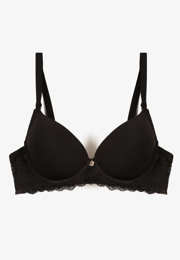 Renee - Czarny Biustonosz Full Cup z Efektem Push-Up Zdobiony Koronką Militi. Kolor: czarny. Materiał: koronka. Rodzaj stanika: push-up. Wzór: aplikacja, koronka
