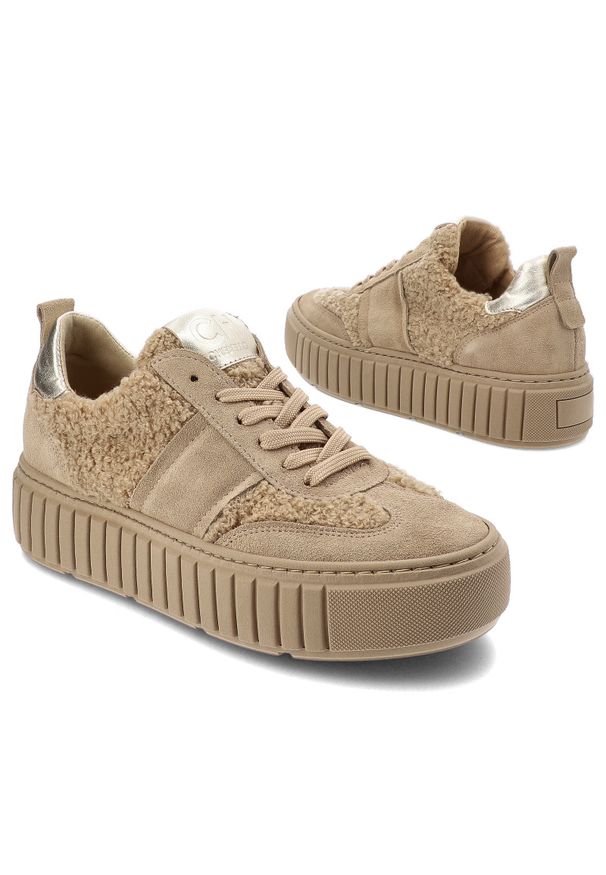 CheBello - Beżowe Sneakersy Chebello Stylowe Obuwie Damskie Z Futerkiem. Okazja: na co dzień. Kolor: beżowy. Materiał: futro. Styl: elegancki